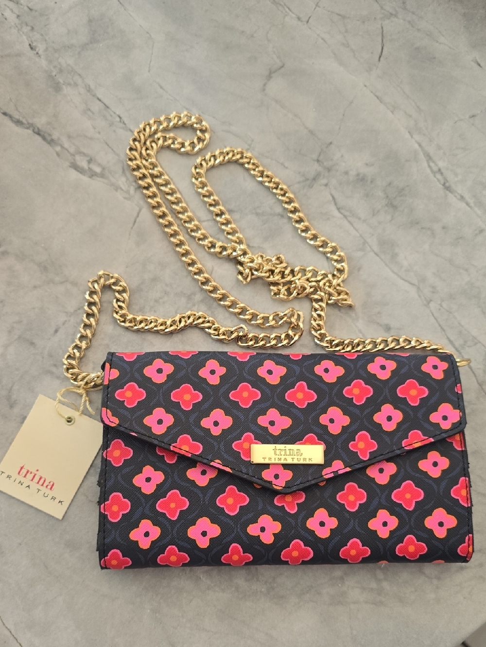 Trina Turk Black Crossbody Bag with Pink & Red Floral Print and Gold Chain